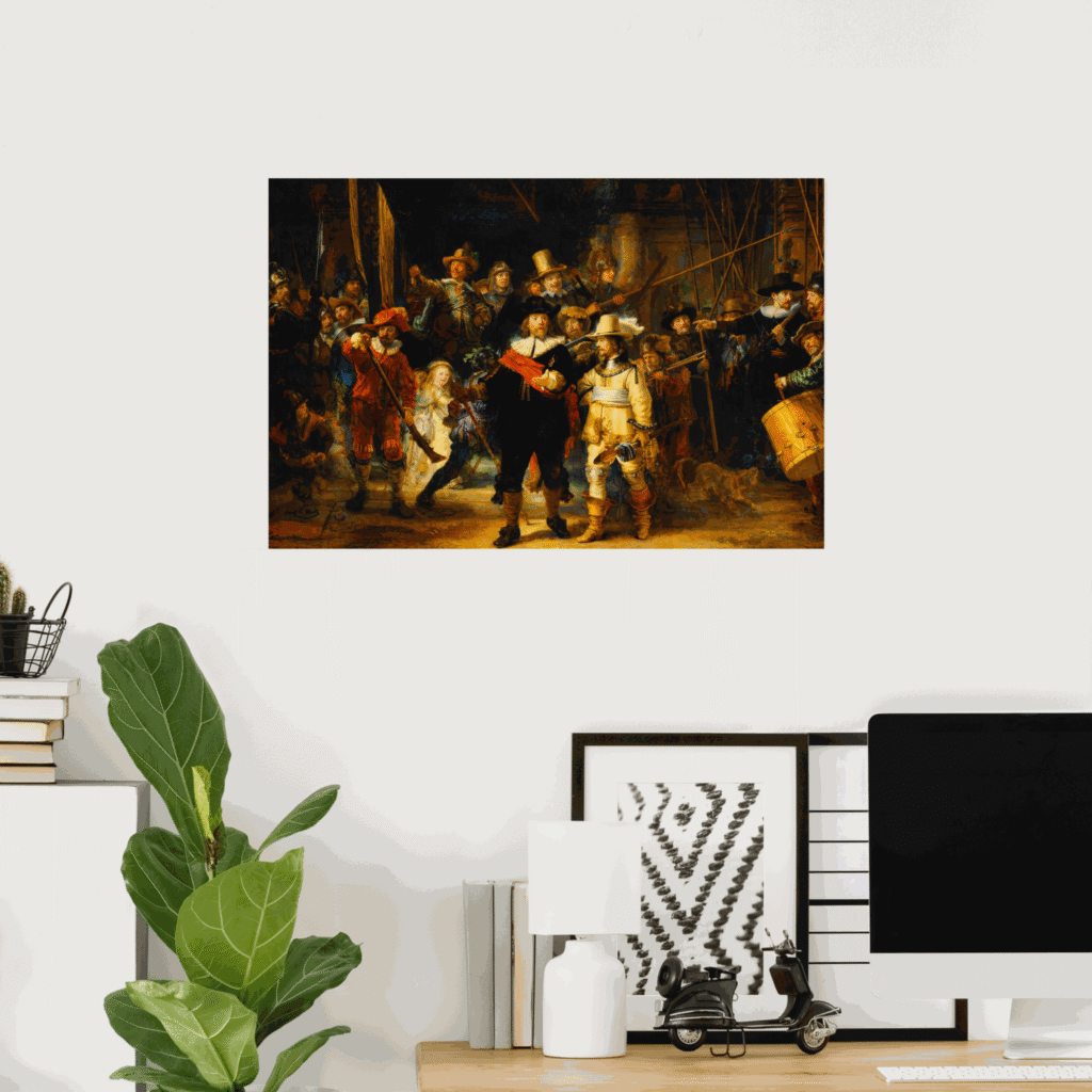 Poster of The Night Watch by Rembrandt displayed on a white wall in a modern home office, featuring the famous Dutch Golden Age group portrait with dramatic lighting and richly detailed militia figures.