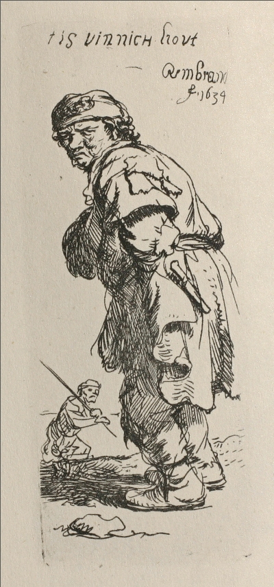 Narrow pen-and-ink drawing of a large, cloaked beggar striding left with head tucked against the cold while a smaller companion crouches behind with a stick; a brief handwritten note and Rembrandt’s signature appear above.
