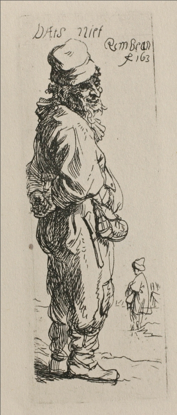 Tall, narrow pen-and-ink drawing of a cloaked beggar standing in right-facing profile with hands tucked in sleeves; a small bag hangs from his belt and a smaller figure echoes the pose in the distance, with a brief handwritten note and signature above.