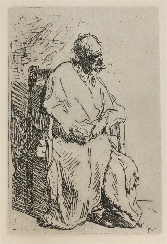 An etching of an elderly bearded man seated in an armchair, draped in patched robes with hands loosely clasped, the left side densely hatched and the right side largely blank, conveying light and quiet dignity.