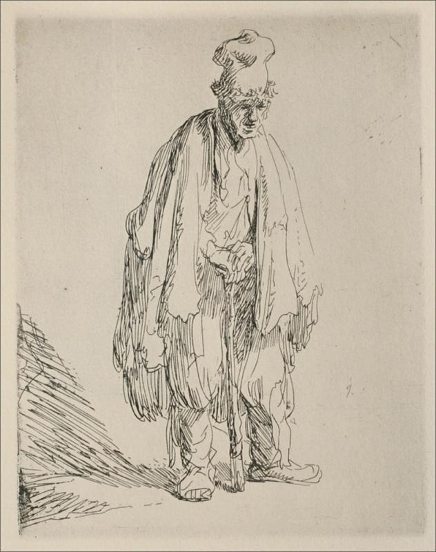 Small Rembrandt etching of a full-length beggar leaning on a staff, dressed in layered, tattered garments with a slouched cap, standing against a largely blank background with a hatched wedge of shadow anchoring his feet.