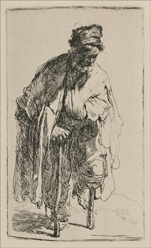An etching of a bearded man in a cap walking with a wooden peg leg and two crutches, robe hanging in heavy folds, set against a mostly blank background that emphasizes his forward stride.