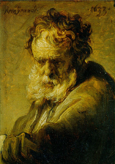Small oil portrait of an elderly man in three-quarter view with a luminous white beard and furrowed brow, modeled in warm ochres and deep browns against a subdued background.