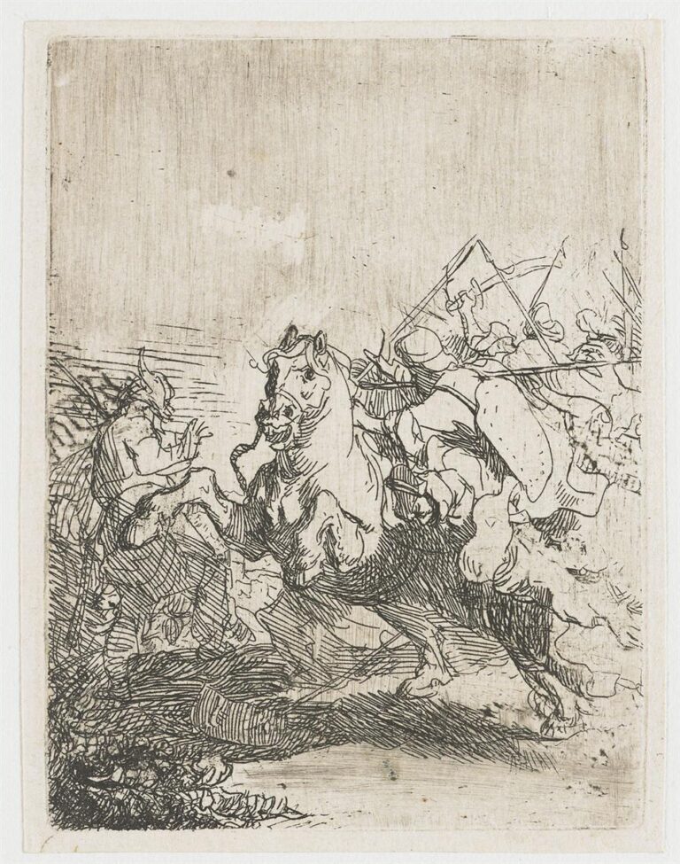 Rembrandt etching of a chaotic skirmish with a rearing horse and lance-bearing rider crashing toward a recoiling opponent, clustered fighters and pikes surging behind, and a pale, dusty sky that heightens the explosive action below.