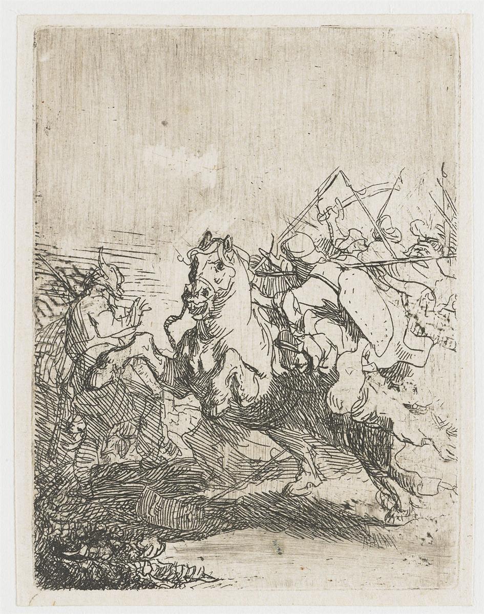 Rembrandt etching of a chaotic skirmish with a rearing horse and lance-bearing rider crashing toward a recoiling opponent, clustered fighters and pikes surging behind, and a pale, dusty sky that heightens the explosive action below.