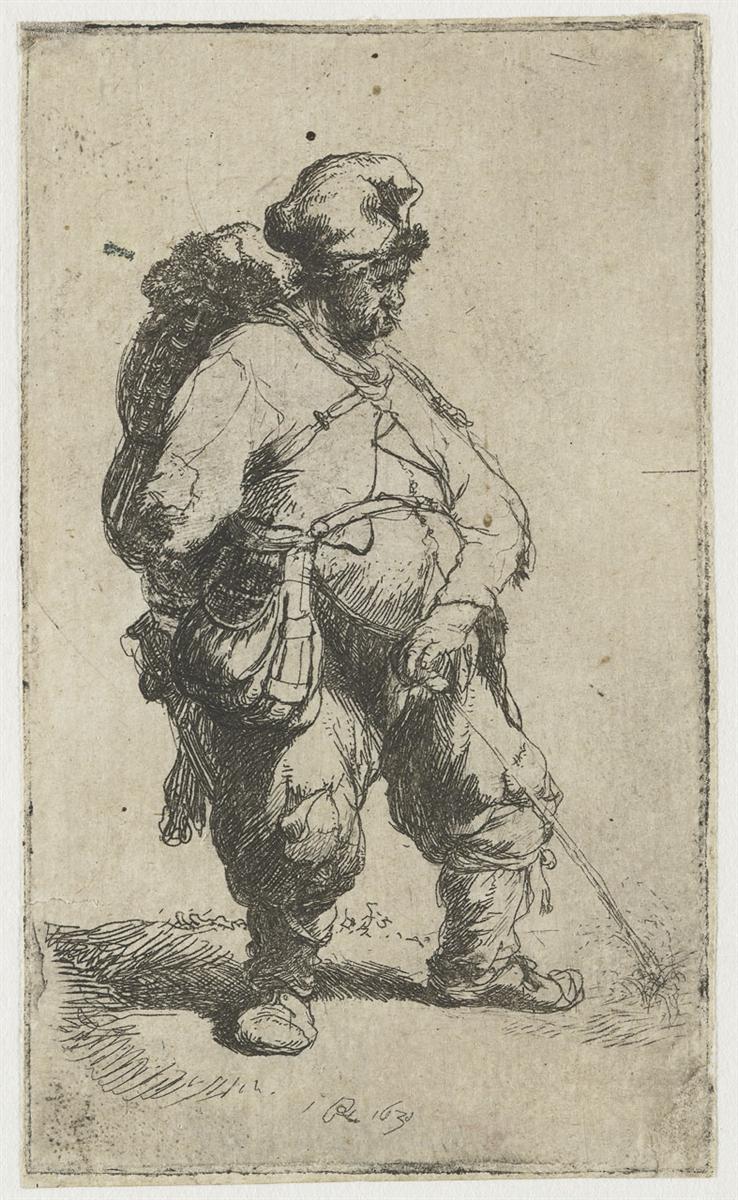 Small vertical etching of a bundled traveler in a cap pausing to urinate at a roadside, heavy garments and backpack modeled with brisk hatching, a thin stream meeting bright ground as the figure leans forward in a private, unposed moment.