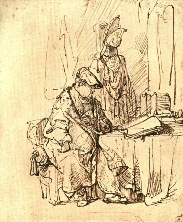 Pen-and-ink drawing by Rembrandt of a fur-robed man seated beside a table stacked with books, head bent toward an open folio; a rack of garments rises behind him, quick hatching suggests the interior, and lively lines animate the folds, bindings, and quiet posture of study.