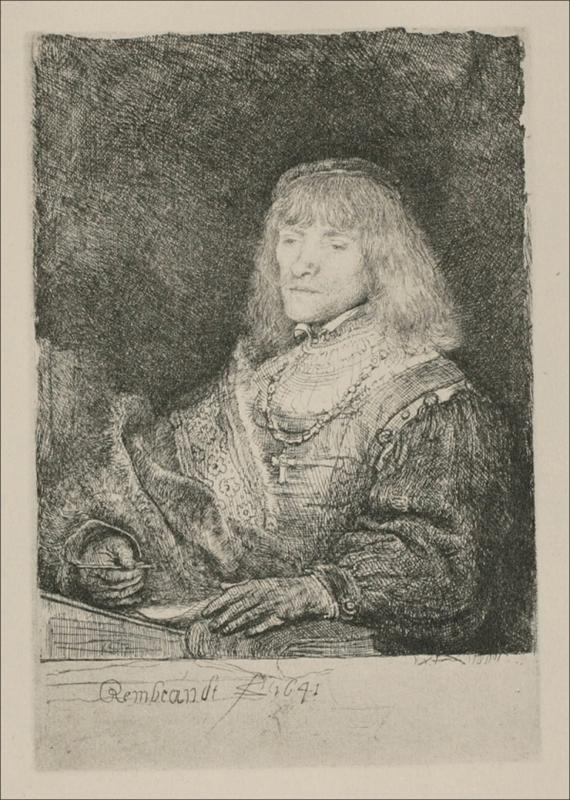Half-length etching by Rembrandt of a seated man in ornate dress with layered chains and a small crucifix at his chest, holding a pen above a book on a table; dense cross-hatching darkens the background while delicate lines model the calm face and bright jewelry.