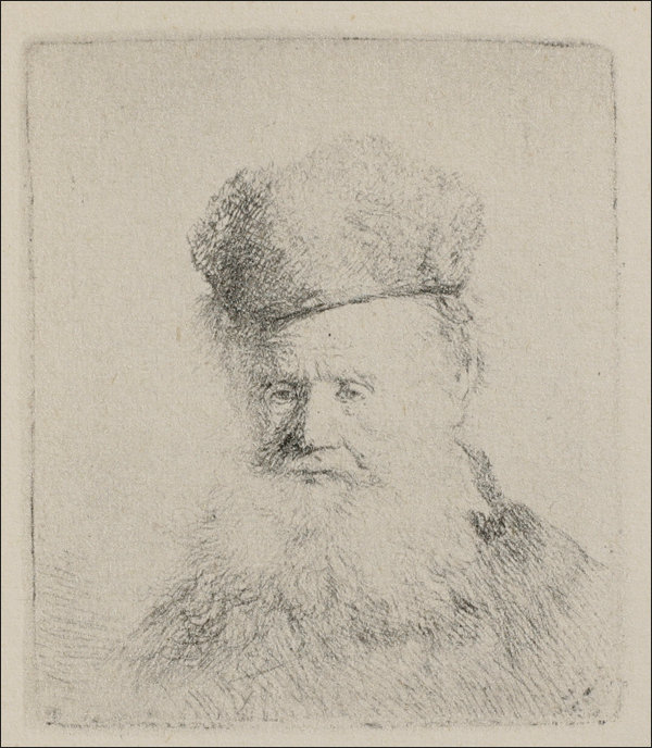 Small bust-length print of an elderly man wearing a low fur cap, his large beard softly modeled with velvety shading; minimal background and delicate lines focus attention on the calm, thoughtful face.