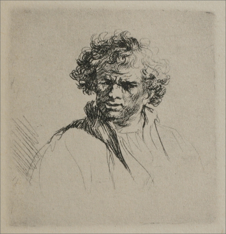 Small etching by Rembrandt showing a half-length man turning left with tousled curly hair, furrowed brow, and parted lips, the head modeled with lively hatching while the garment and background remain lightly sketched.
