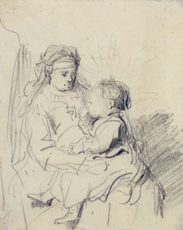 Soft Rembrandt drawing of a seated nurse holding a toddler who eats while perched on her lap; the woman gazes gently at the child, loose lines describe their clothing, and a faint shaded backdrop lifts the figures from the blank page, creating an intimate, luminous scene.