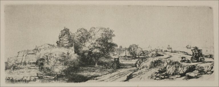 Long, low Rembrandt etching of a Dutch landscape: dark trees and sheds at left, a winding dike road leading right toward a small windmill and distant masts, with a tiny peasant carrying a yoke and two milk pails along the path under a broad pale sky.