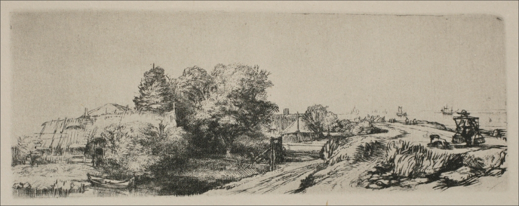 Long, low Rembrandt etching of a Dutch landscape: dark trees and sheds at left, a winding dike road leading right toward a small windmill and distant masts, with a tiny peasant carrying a yoke and two milk pails along the path under a broad pale sky.