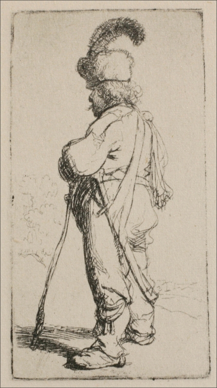 Small Rembrandt etching of a bearded man in a tall fur cap with a plume, turned left in profile, hands resting on a long staff, sash trailing behind, and ample blank background that frames his silhouette with calm clarity.