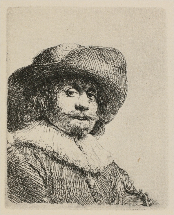 Etching of a man in three-quarter view wearing a broad-brimmed hat and soft ruff; his gaze meets the viewer from beneath the brim’s shadow while fine hatching models felt, hair, skin, and coat against a plain background.