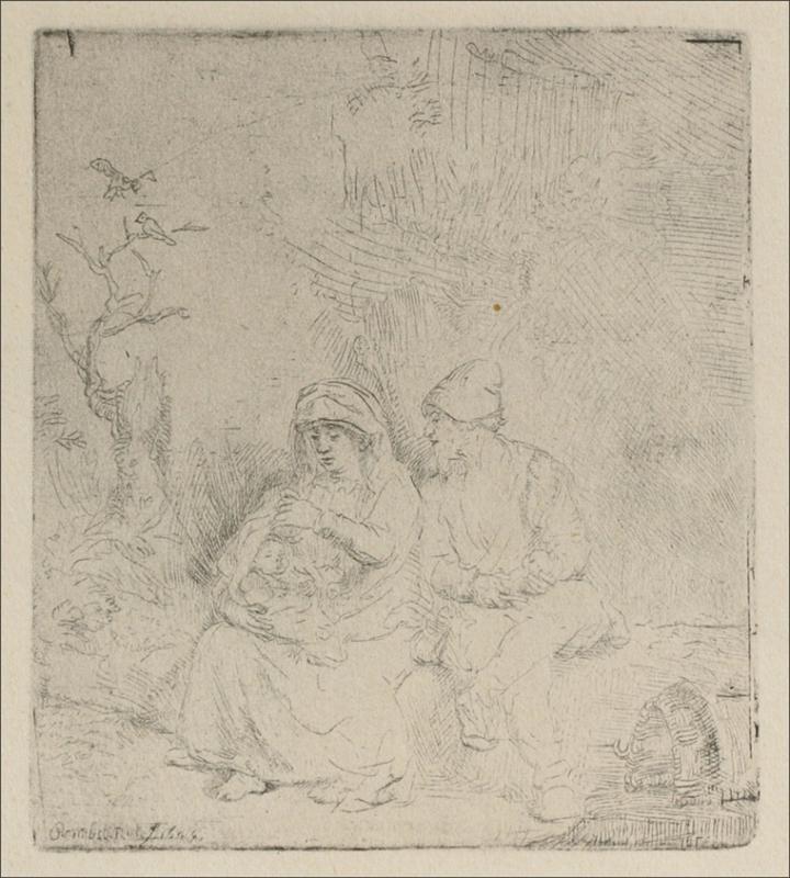 Minimal Rembrandt etching showing a seated woman cradling an infant beside a bearded man with staff; a small tree with birds rises at left, a basket sits at right, and the upper half of the plate is a bright, nearly blank sky.