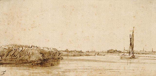 Rembrandt ink-and-wash view of the Nieuwe Meer showing a broad river under a pale sky, a reed bank at left, and a small sailing boat with furled canvas near the right shoreline.