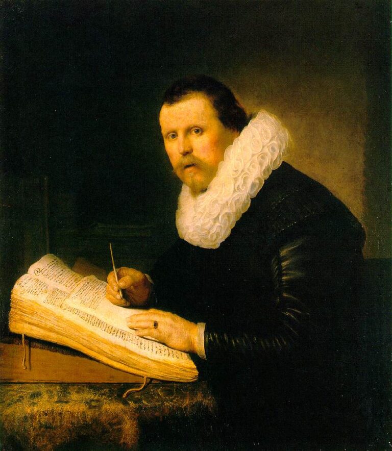 Lamplit portrait of a seated man with a large white ruff pausing over a massive open book, quill poised in his right hand, warm light illuminating his face and pages against a dark, simple interior.