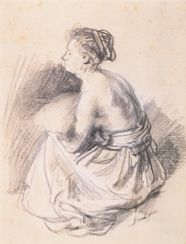 Black-chalk drawing of a woman seated in profile, bare to the waist with a draped skirt and sash, hair tied back, torso turning toward the light and head inclined forward; soft hatching shapes the back and shoulders while open paper surrounds the figure.