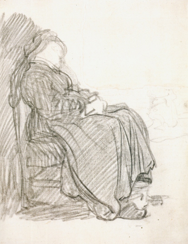 A soft black-chalk drawing of a seated woman asleep in profile, hands folded at her waist, head tilted back, broad diagonal hatchings modeling her full skirt and the chair’s shadow against a largely blank background.