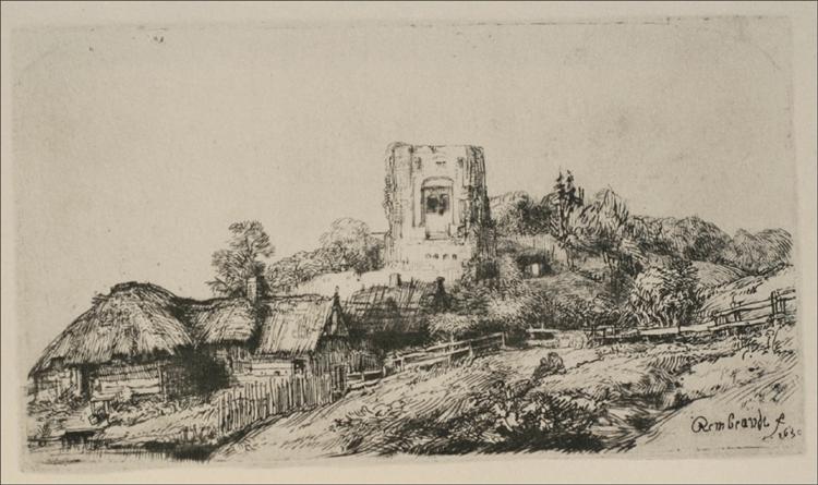 Rembrandt etching of a Dutch village: thatched cottages and fences at left, a curving lane leading up a hill to a stout square tower amid trees, with pale sky and light, varied hatching suggesting a calm, workday atmosphere.