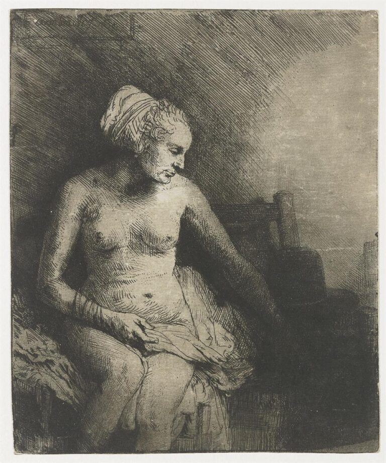 Etching of a seated nude woman with a cloth around her hips and hair wrapped, turning toward a pale light as one arm reaches into shadow; dense hatching forms the left wall while a wiped bright field suggests water or a basin beside her.