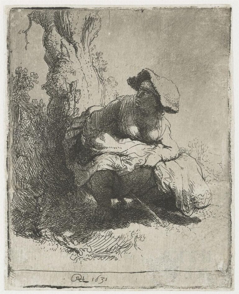 Etching of a crouching peasant woman beside a rugged tree trunk, hat shading her face as she relieves herself; delicate hatching models fabric, bark, and ground under soft daylight, conveying privacy and dignity in a rustic setting.