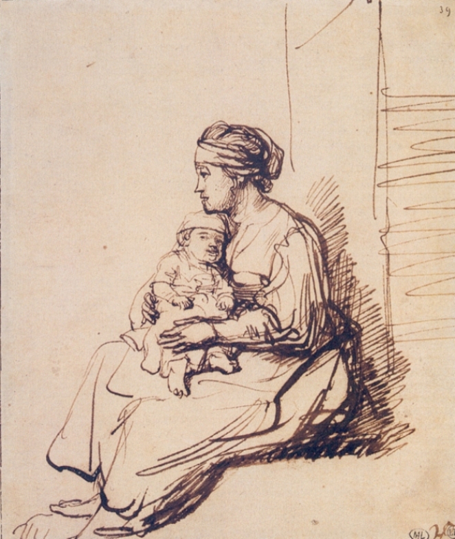 Pen-and-ink drawing by Rembrandt of a seated woman in profile holding a small child on her lap; simple lines model the figures against a mostly blank page with a few hatching marks suggesting the room.