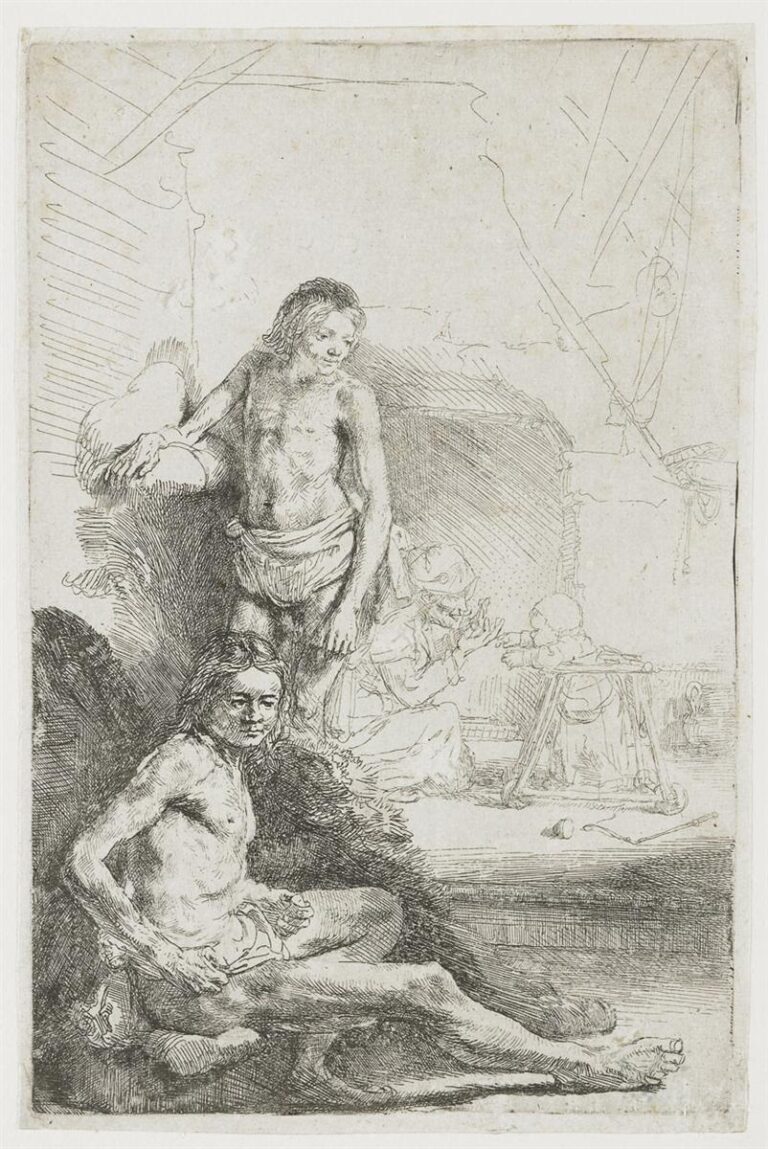 An etching shows the same young man twice—seated in front and standing behind—modeled with rich cross-hatching; in the background a mother leans toward a baby in a wooden walking frame, all set within a lightly sketched interior.