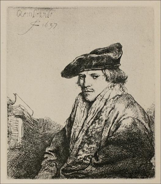 Small etching of a young man in three-quarter view turned left, wearing a soft cap and fur-lined cloak, seated before a dark studio background with Rembrandt’s signature and date at the upper left.