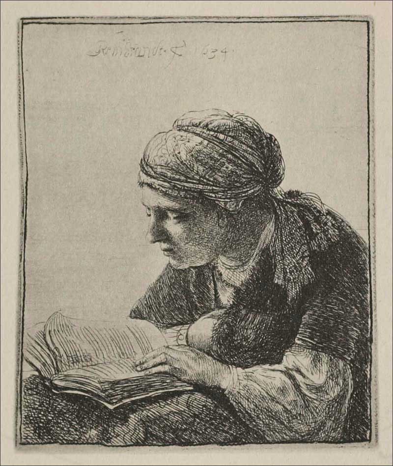 Etching of a young woman in profile wearing a headscarf, leaning over an open book with one hand turning a page and the other steadying the volume; soft light illuminates face, hands, and paper against a quiet, shaded background.