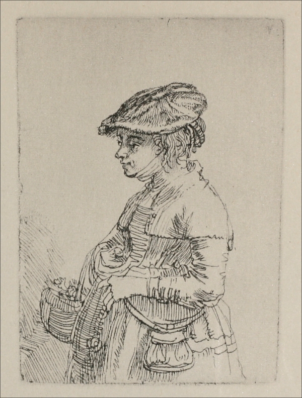Side-profile etching of a young woman by Rembrandt, wearing a broad hat and short jacket, holding a woven basket and small pouch at her waist, set against a lightly hatched open background.