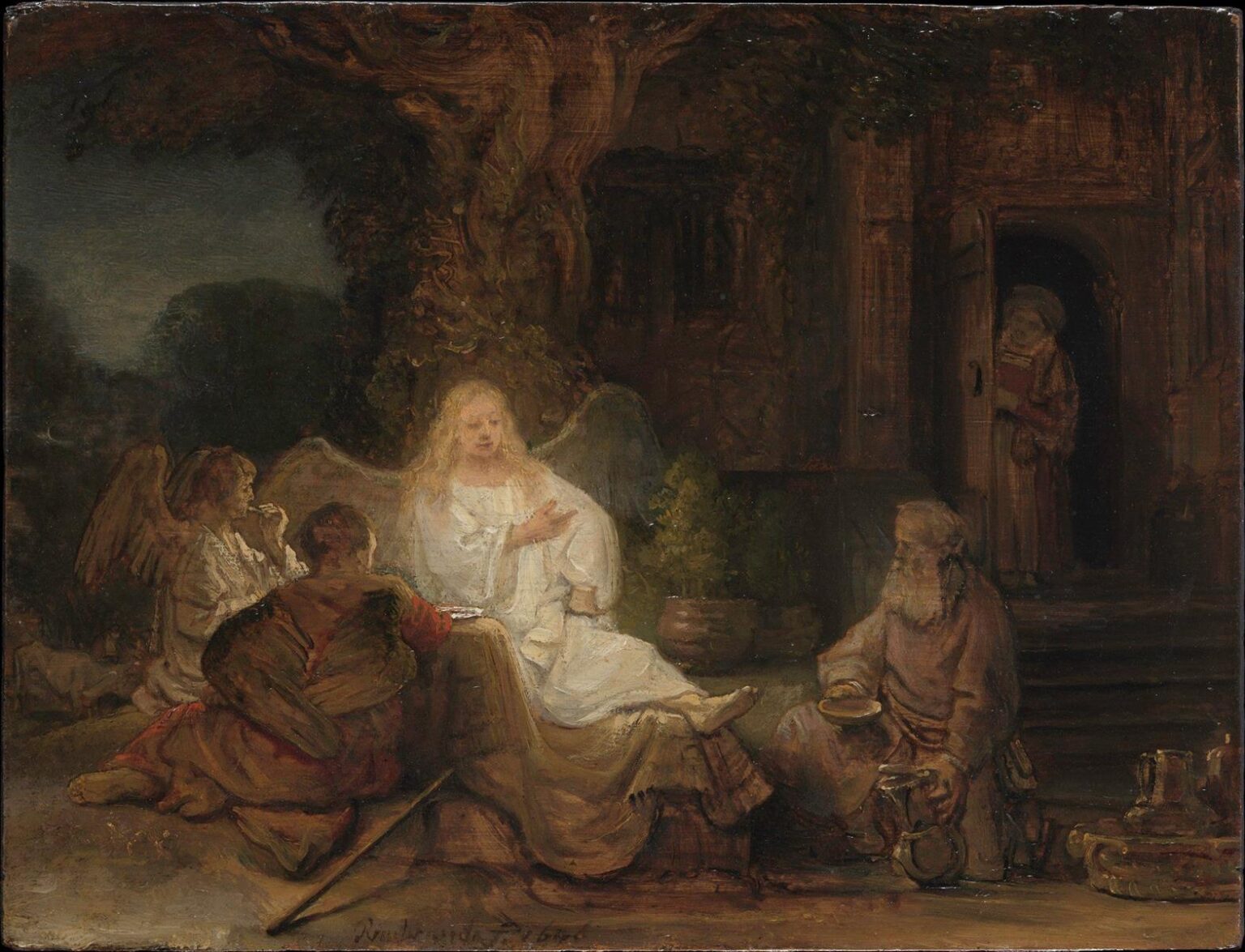 Under a large tree at dusk, three angels sit at a table glowing softly while Abraham kneels at right with a platter and jug; in the doorway behind, Sarah looks on, half in shadow, amid warm browns and luminous whites.