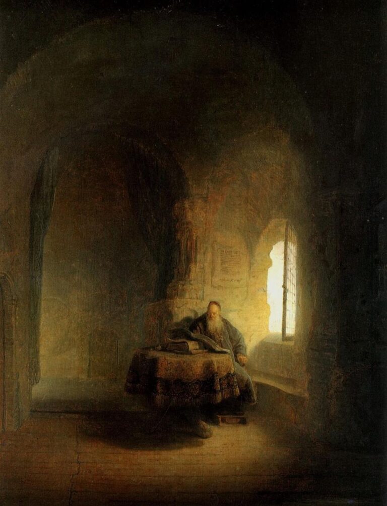 A dim vaulted room with a single window lighting a solitary scholar seated at a round table covered in patterned cloth; books lie open as warm light bathes the reader and nearby wall while the rest of the interior recedes into deep shadow.