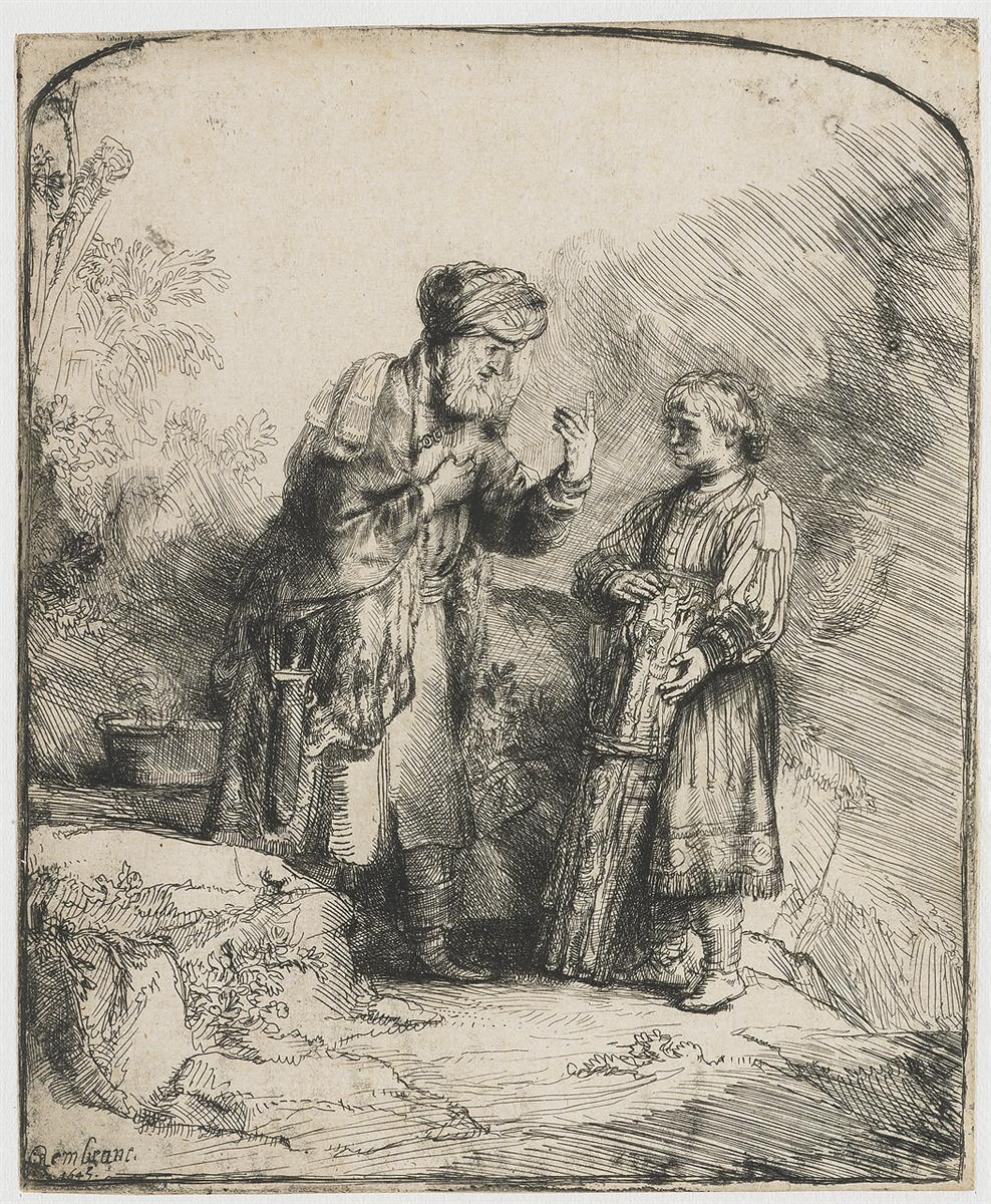Rembrandt etching of Abraham and Isaac on rocky ground: Abraham in turban points upward with one hand over his chest, while Isaac, in a long tunic, holds bundled wood; dense hatching forms a dark backdrop with open sky at upper left.