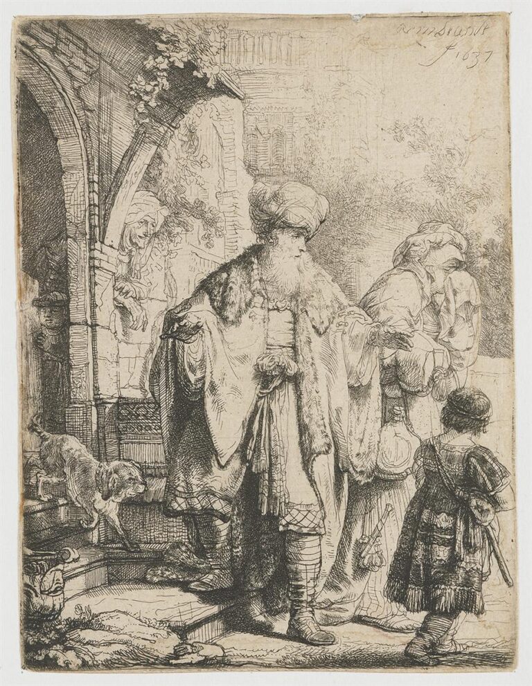 Etching of Abraham standing beneath a vine-covered arch while extending a hand as Hagar departs with a bundle and water skin; a small boy seen from behind steps toward the right, a dog descends the stairs, and a woman watches from the doorway; Rembrandt’s signature and date appear at the upper right.
