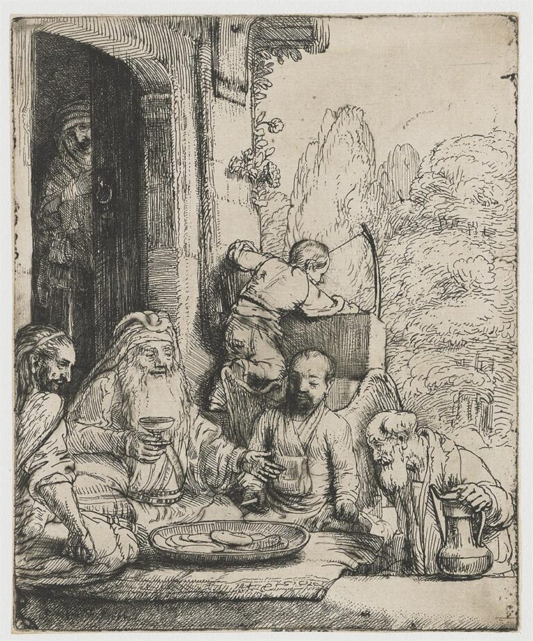 Etching of Abraham serving three travelers under a doorway: figures seated around a platter with cups, Sarah peering from a darkened door, a servant working in a sunlit garden beyond, and soft lines uniting interior and exterior.