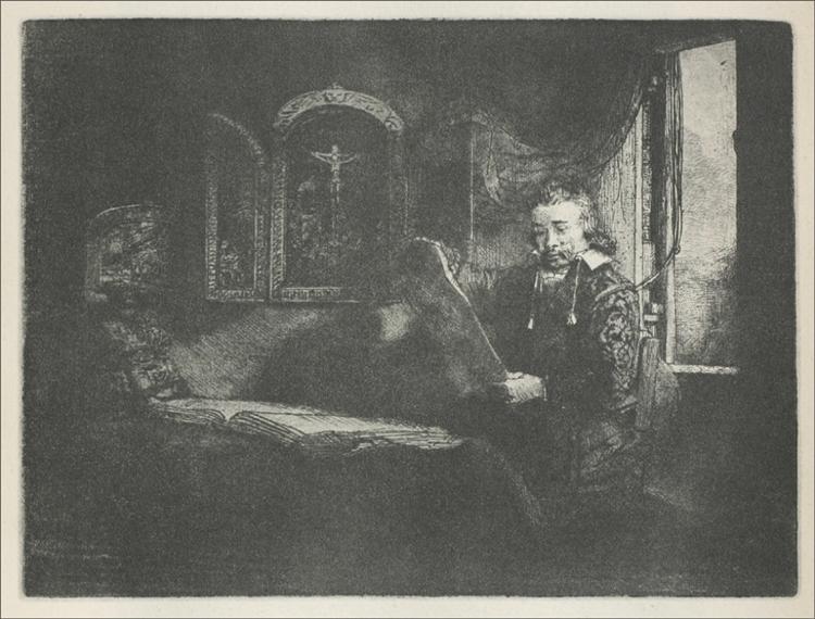 Etching of a learned man seated by a window in a quiet room; an open book lies on a couch, a devotional triptych hangs on the wall, and soft light falls across his face as he reads.