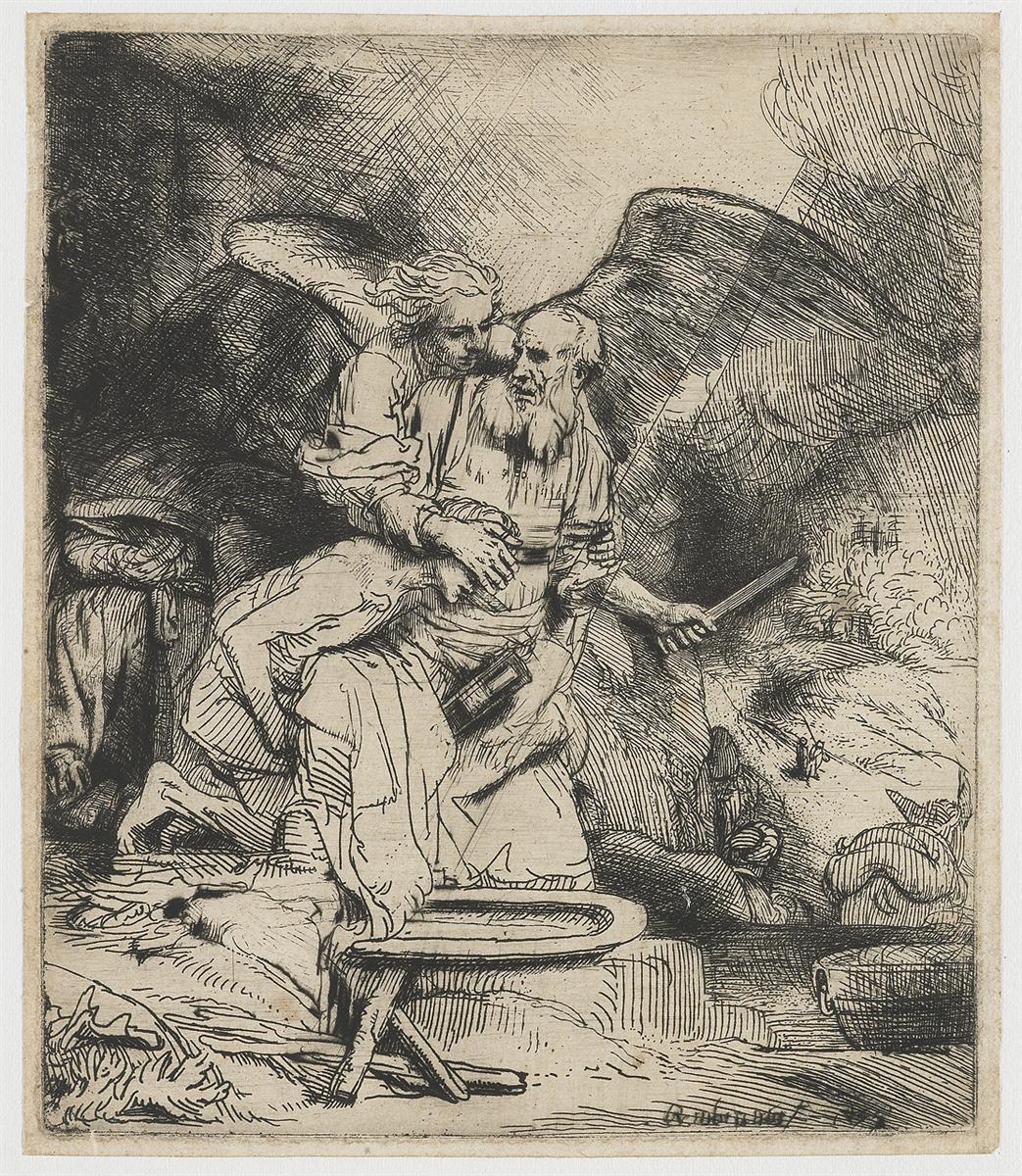Etching of the Binding of Isaac: Abraham, knife in hand, is seized from behind by an angel who wraps his arms around the patriarch; Isaac lies bound on a curved altar while a bright clearing and distant thicket suggest the ram.