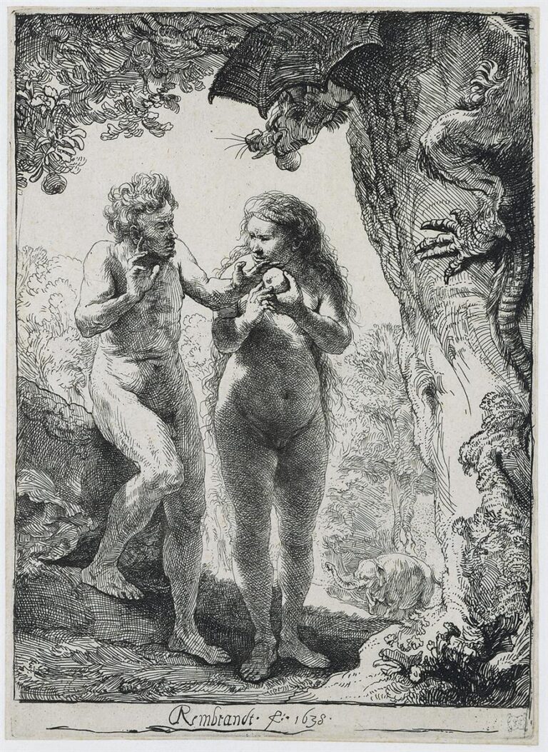 Etching of Adam and Eve standing in a forest clearing as a clawed serpent leans from the tree at right; Eve holds a round fruit to her chest while Adam gestures anxiously; heavy foliage frames the top and distant animals graze in the background.