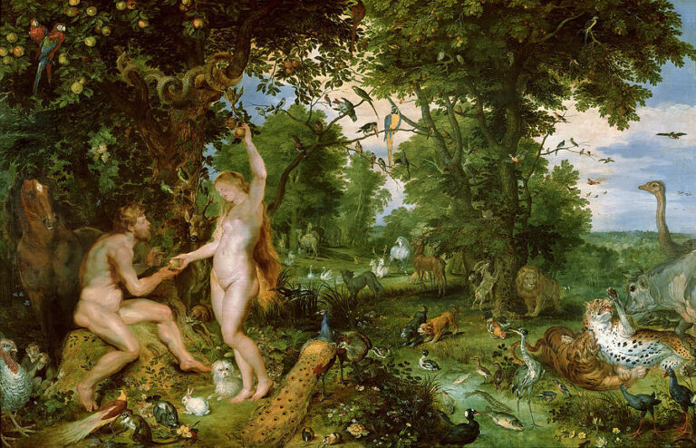 Lush garden crowded with animals and birds frames Adam seated on a rock and Eve standing by the tree as she offers fruit; a serpent coils around the trunk, peacocks and rabbits dot the foreground, and a cool meadow with water and distant herds opens through the center.