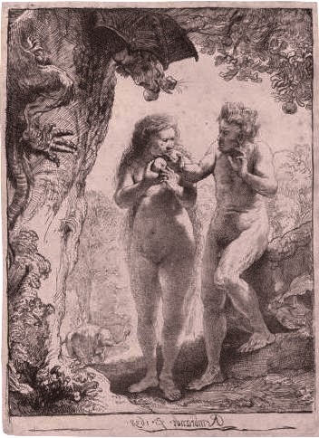 Etching of Adam and Eve standing in a forest clearing beneath a heavy tree; Eve holds the fruit while Adam raises his hands in anxious hesitation as a human-like serpent peers down from the branches; distant animals and rough bark frame the tense scene.