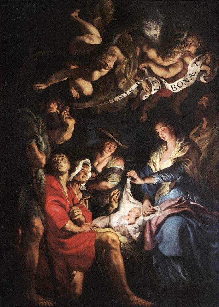 In a dark stable Mary unveils the glowing Christ Child while astonished shepherds crowd close; above, angels sweep in with a curling “Gloria” banner. Warm light from the infant illuminates faces, fabrics, and straw in Rubens’s Baroque nocturne.