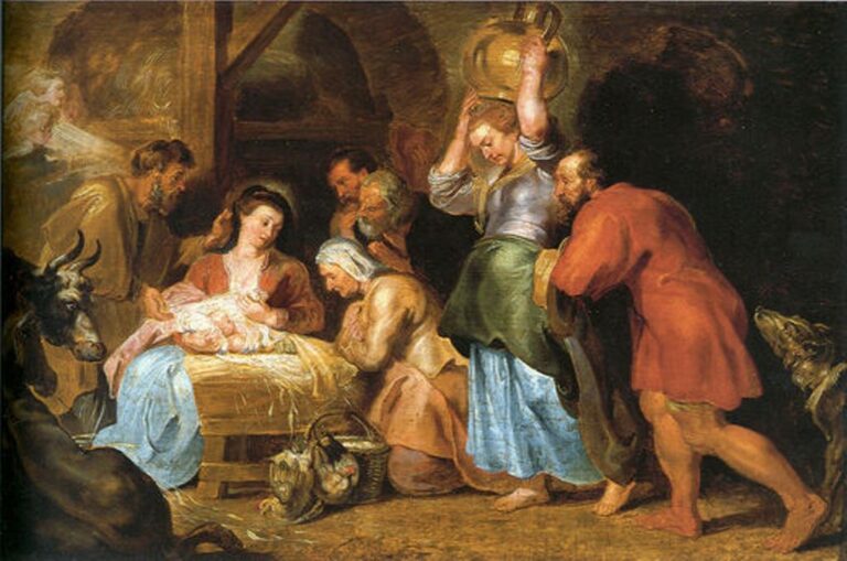 In a dim stable Mary cradles the luminous Christ Child in a straw manger as shepherds and neighbors press close; a woman balances a large water jar, another kneels to help, Joseph guides the crowd, and ox and ass peer in, all bathed in warm, golden light.