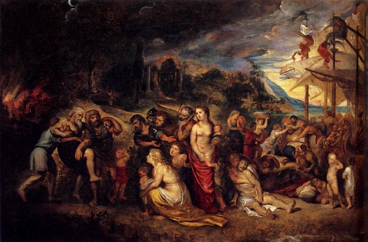 Large Baroque scene by Peter Paul Rubens showing Aeneas carrying his elderly father and leading his child through a crowd of refugees leaving burning Troy toward ships at the shore, with smoky sky at left and bright sea at right.