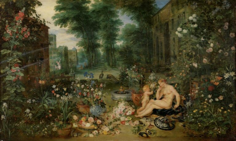 Expansive garden scene with Venus and Cupid among overflowing potted flowers, garlands, a fountain, peacocks on a lawn, distant palace buildings, and a civet cat curled nearby, all bathed in soft morning light.