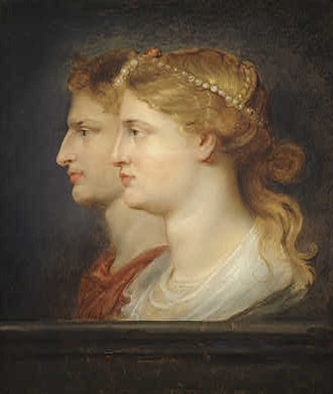 Two left-facing Roman profiles—Agrippina in pearls before Germanicus in a red mantle—glow against a dark ground like living cameos in Rubens’s small 1614 double portrait.