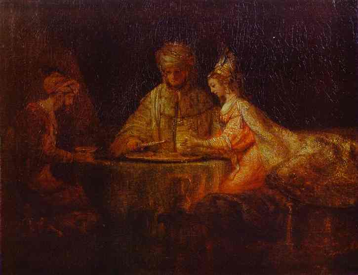 Small late Rembrandt painting of a candlelit banquet: Esther in rose leaning toward King Ahasuerus at a round table while Haman sits in shadow; warm golds and browns, minimal background, and textured brushwork emphasize the quiet, decisive moment.
