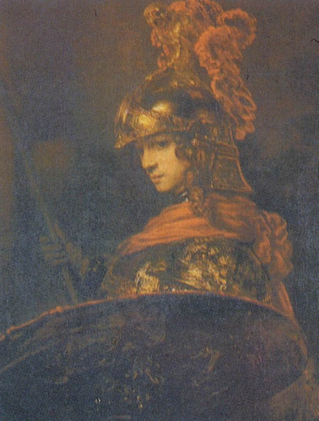 Half-length figure in antique armor attributed to Rembrandt: a youthful Alexander in a crested helmet, head bowed in profile, a spear receding in shadow and a large dark shield filling the foreground as warm light glints across metal and plume.