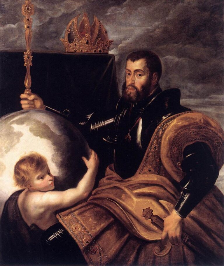 Half-length allegory by Peter Paul Rubens showing Emperor Charles V in black armor holding a scepter beside a large globe embraced by a child, with the imperial crown set on a dark curtain and stormy clouds behind.